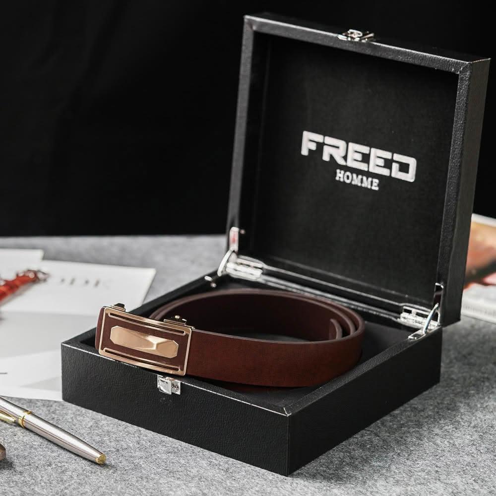 【FREED】方形金屬扣頭商務休閒頭層自動牛皮皮帶-咖啡色(客製化刻字服務) 生日禮物 男友禮物 真皮皮帶