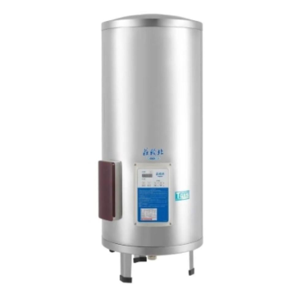 Topax莊頭北 TE-2200 電熱水器，臺灣原廠製造，採用電熱管加熱與機械控溫設計，提供高效穩定熱水輸出。尺寸430 x 1000 mm（含腳架），冷熱水管口徑1/2吋，電壓220V，能源效率第五級，BSMI許可字號R31525，全機保固1年，適閤家庭日常使用，熱效率優異，安全可靠。