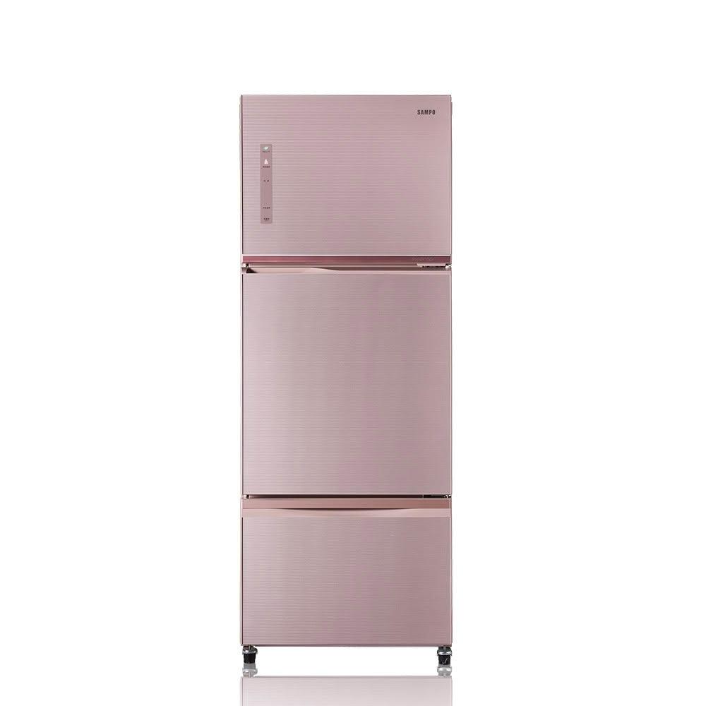 SAMPO 聲寶 475公升一級能效變頻三門冰箱 SR-C48GDV，採用IMD外顯式面板與真空斷熱材技術，節能又靜音。右開設計，寬度66公分，深度71-80公分，無霜功能，容積401L-500L，適閤家庭使用。提供保固服務，顏色為粉色，現代感十足。