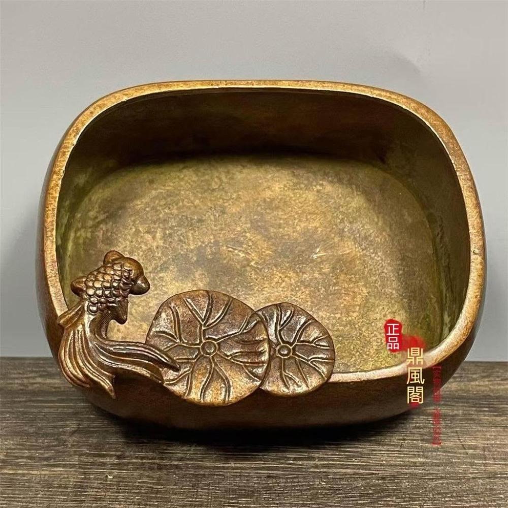中式古玩荷葉金魚筆洗連年有餘文房合金工藝品擺件