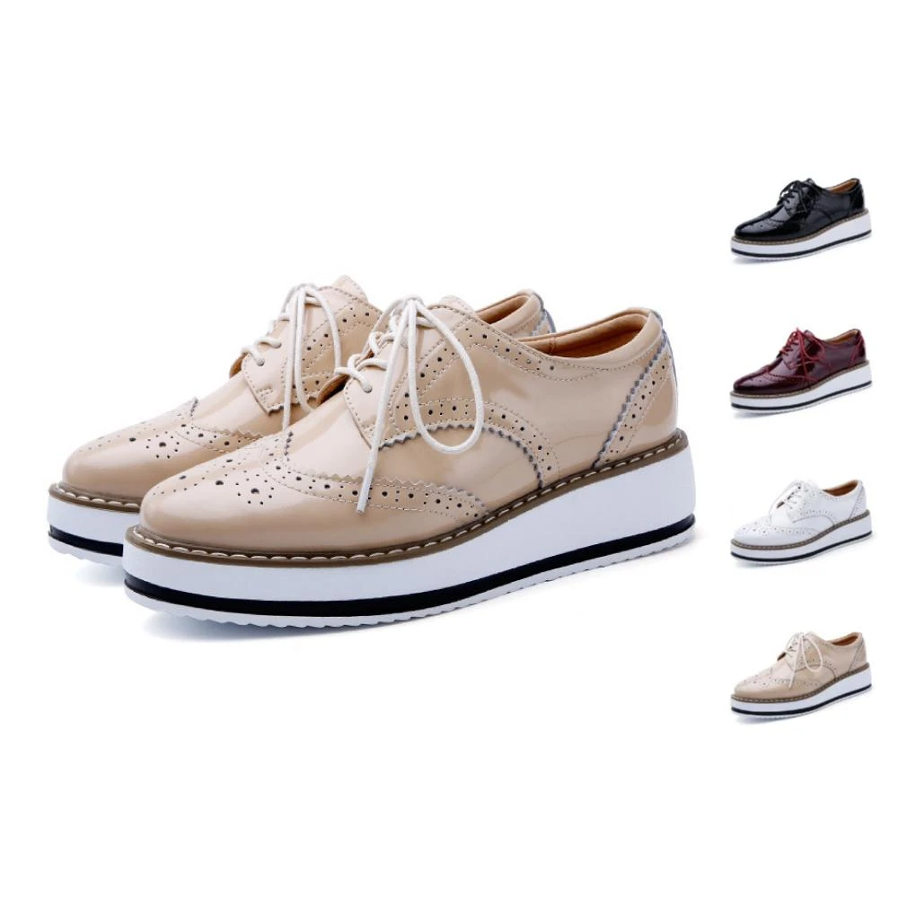 【J&H collection】英倫街頭風布洛克厚底休閒皮鞋 (白色 / 杏色 / 黑色 / 酒紅色)