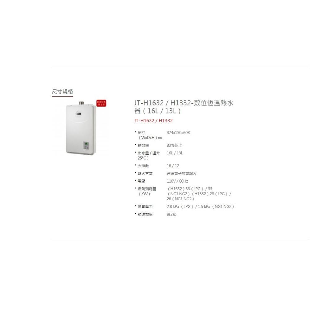 JTL喜特麗 JT-H1332 JTL喜特麗 JT-H1332 瓦斯熱水器,採用FE強制排氣式設計,配備數位恆溫控制與電子連續放電點火,確保安全穩定供熱。熱水放出量達16L(LPG)/13L(NG),熱效率超過83%,適合屋內使用。具防空燒功能,能源效率第二級,BSMI認證R31028,臺灣原廠生產,提供1年保固。尺寸374x150x608mm,容量11-20L,瓦斯消耗量26L,完美解決家庭熱水需求。