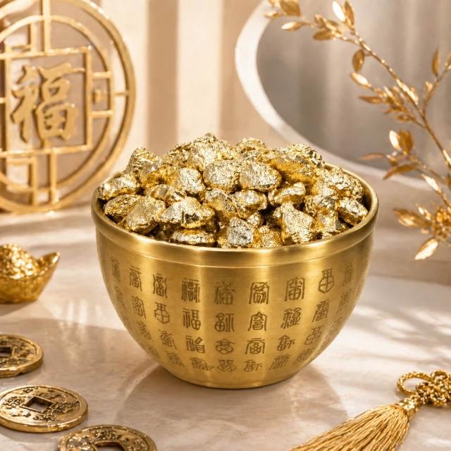 A&R】招財轉運百福納財黃銅聚寶盆附金蟾擺飾小款(聚財開運補財庫開店