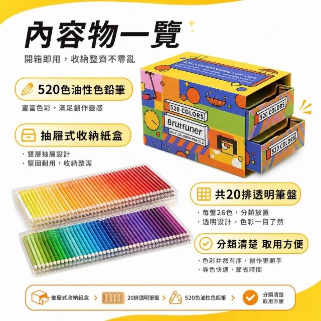 Brutfuner 520色油性色鉛筆色鉛筆彩色鉛筆專業繪圖彩色鉛筆套組3mm筆芯