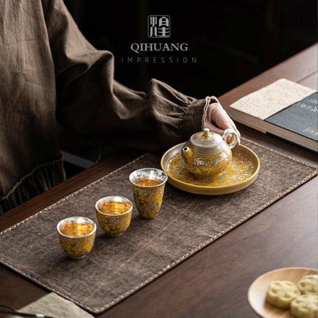 故宮文化高端茶具高品質故宮敦煌文創鄭文強龍騰四海鎏銀茶壺蓋碗功夫茶