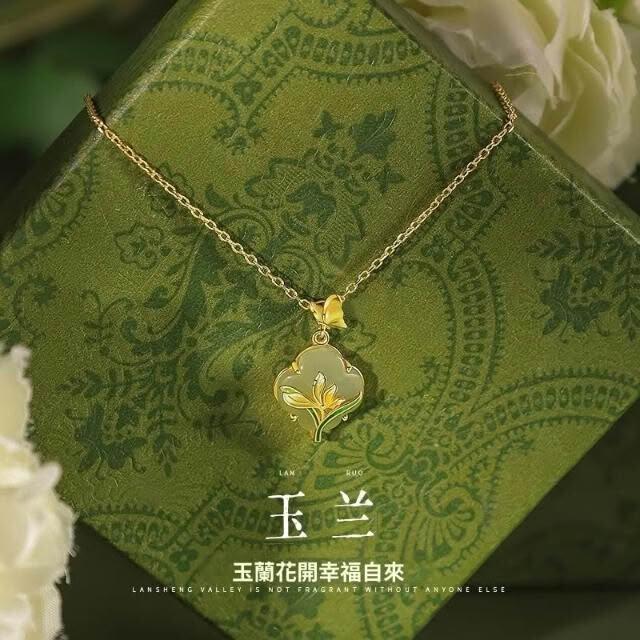 S925純銀玉蘭和田玉項鏈女新中式創意吊墜2026新款爆款送媽媽禮物文創