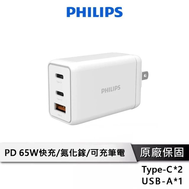 【Philips 飛利浦】65W GaN 氮化鎵 充電頭 【可充筆電】 雙 Type C+USB 快充頭 DLP6341C