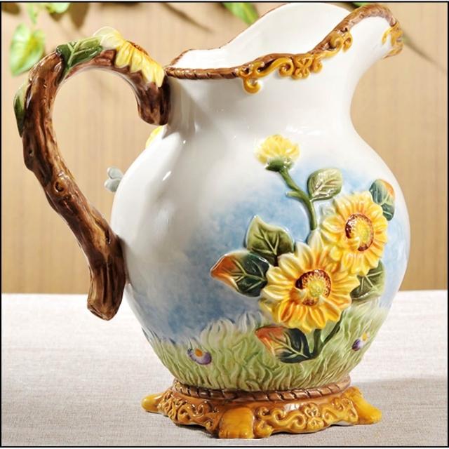 歐舍傢居花瓶向日葵花器歐式古典風陶瓷手繪立體太陽花水壺造型居家佈置