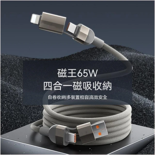 【AiHome】65W 四合一磁吸收納編織快充線 自卷 1 秒收納  高速傳輸線 適用iPhone/iPad/ 安卓/筆電 / 車載